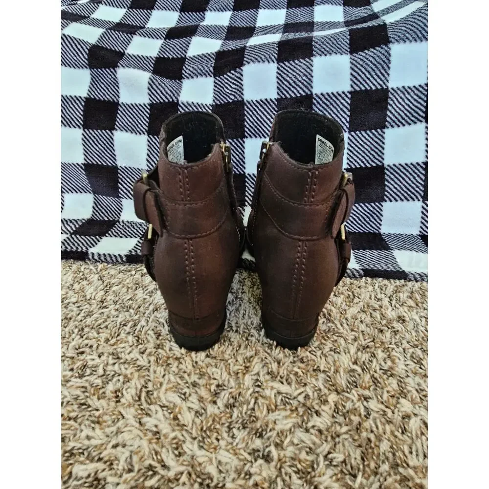 Sorel Joan of Arctic Wedge II Buckle Waterproof Leather Booties Brown Women’s 8